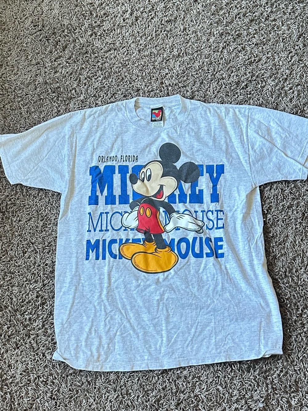 Disney Light Gray Mickey Mouse Graphic Tee with Blue Text